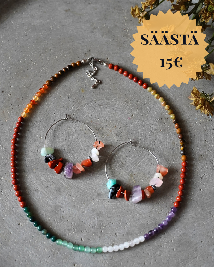 amuletti kivikorut lunar path korusetti kaulakoru korvakorut, lunar path setti syntymäkarttakoru, kaulakoru ja korvakorut omilla onnenkivillä, henkilökohtainen korusetti naiselle, astrologinen korusetti luonnonkivistä, käsintehty syntymäkarttakoru Suomessa, kaulakoru ja korvakorut lahjaksi naiselle